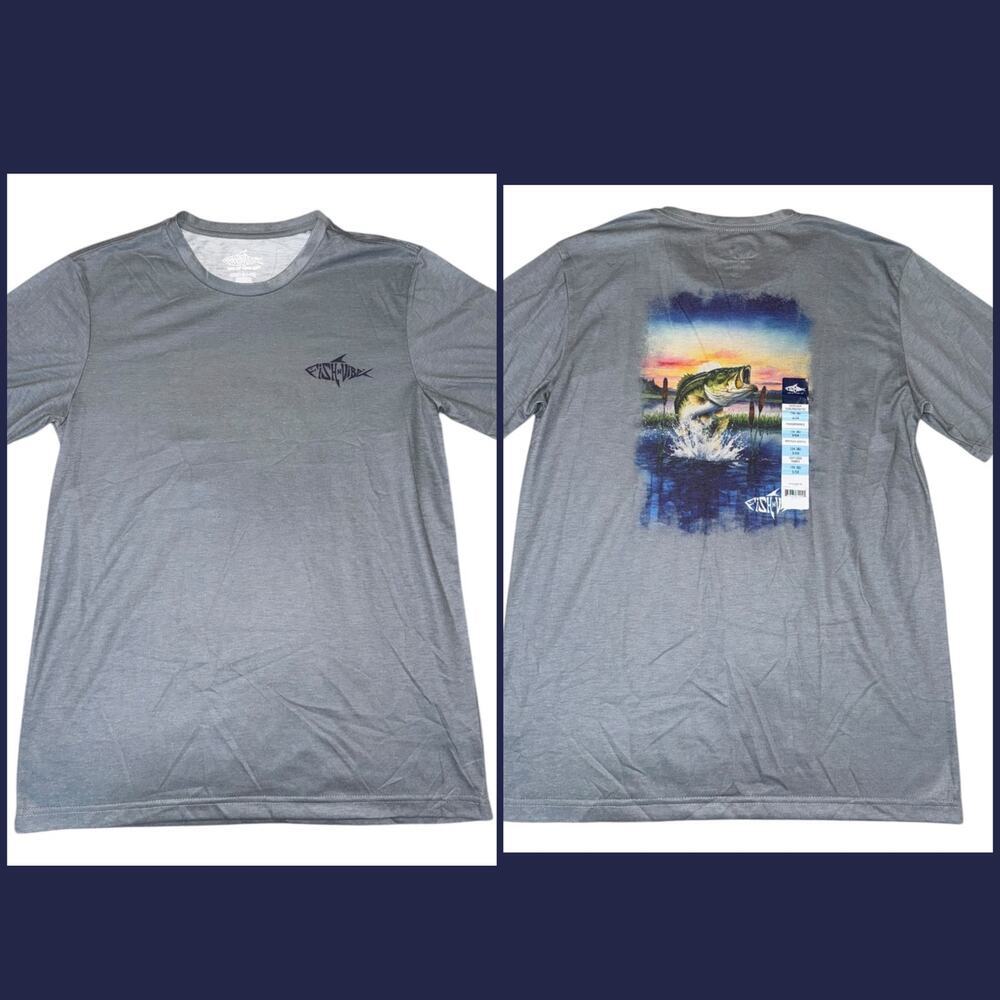 Fish N‎ Vibe Men’s Graphic Bass Fishing T-Shirt Gray Short Sleeve Tee S L 2XL